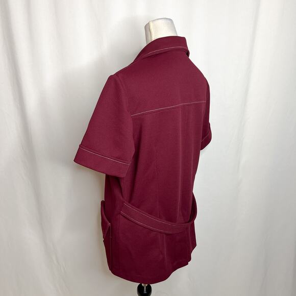 Vintage 70s Leisure Shirt Jacket Maroon Short Sleeve Accent Stitch Dagger Collar - Picture 4 of 7